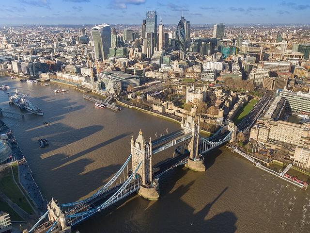Tower Bridge and the City of London from above, on the Thames